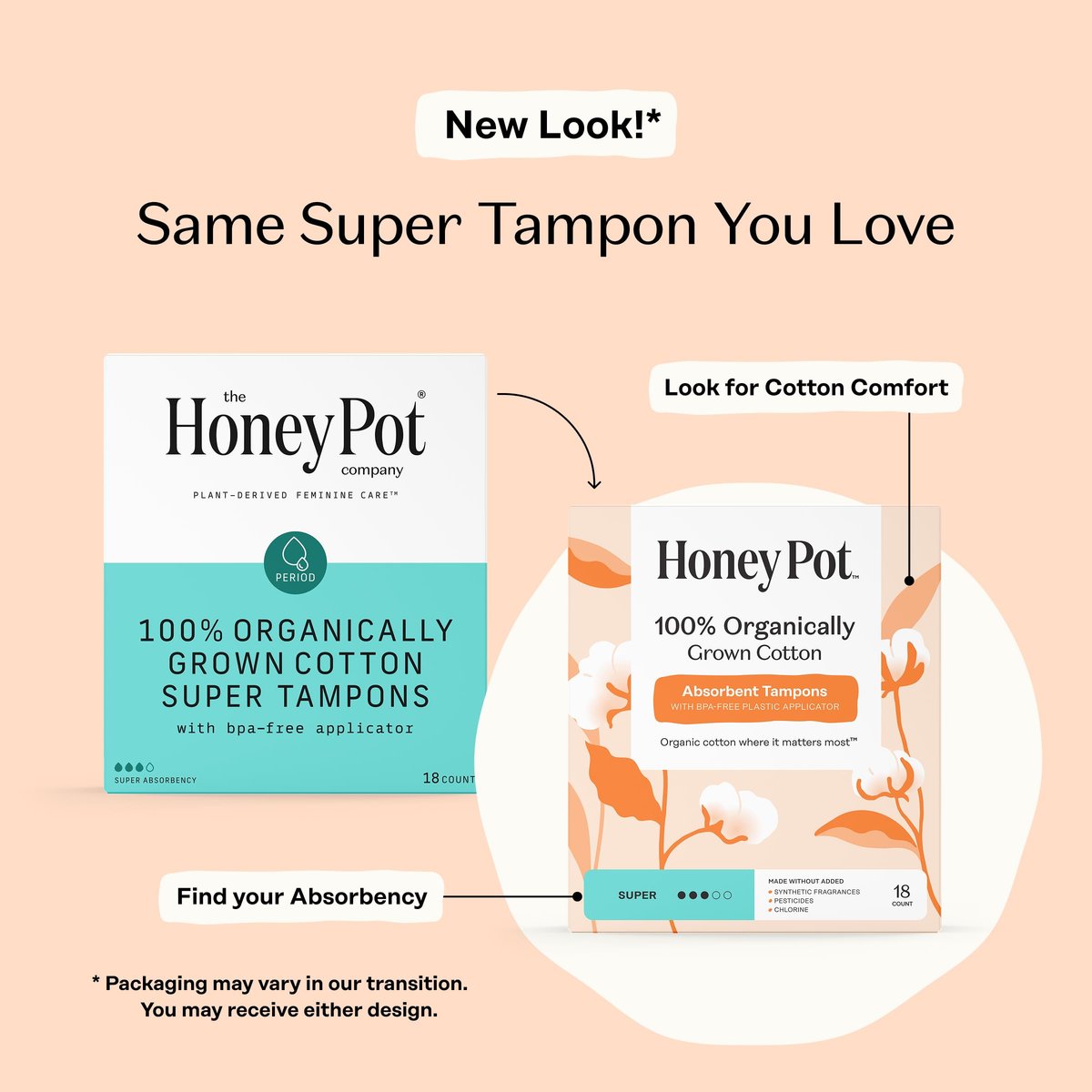 The Honey Pot Company – Tampons mit super Saugfähigkeit, 100 % Bio-Baumwollkern mit Bio-Kunststoff-Applikator, Damenhygiene, parfümfrei, 54 Stück (3 Packungen à 18 Stück)