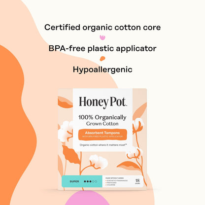 The Honey Pot Company – Tampons mit super Saugfähigkeit, 100 % Bio-Baumwollkern mit Bio-Kunststoff-Applikator, Damenhygiene, parfümfrei, 54 Stück (3 Packungen à 18 Stück)