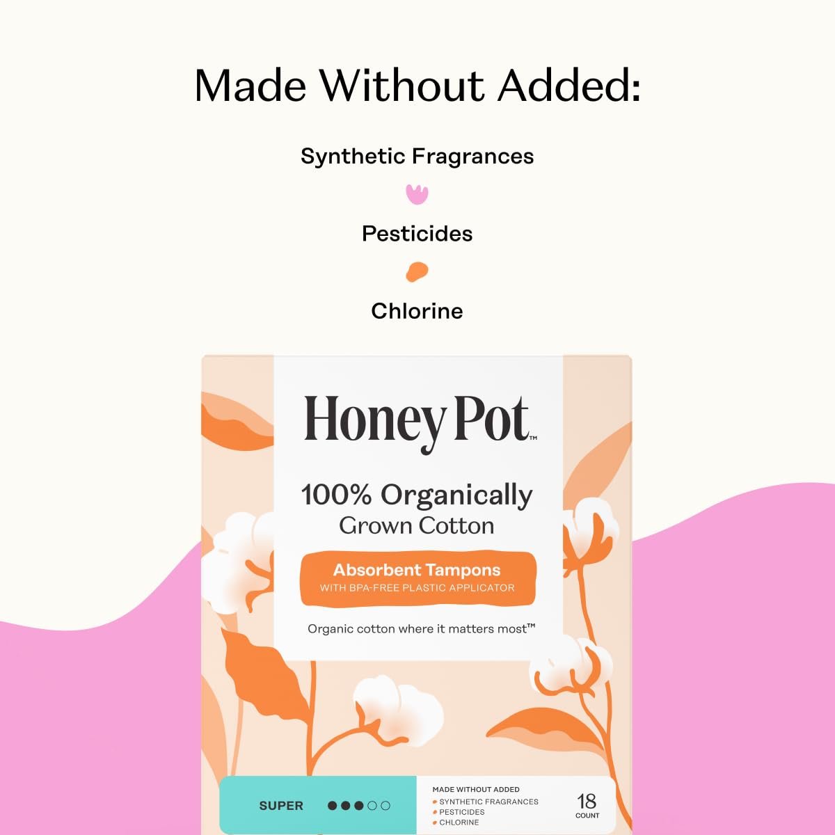 The Honey Pot Company – Tampons mit super Saugfähigkeit, 100 % Bio-Baumwollkern mit Bio-Kunststoff-Applikator, Damenhygiene, parfümfrei, 54 Stück (3 Packungen à 18 Stück)