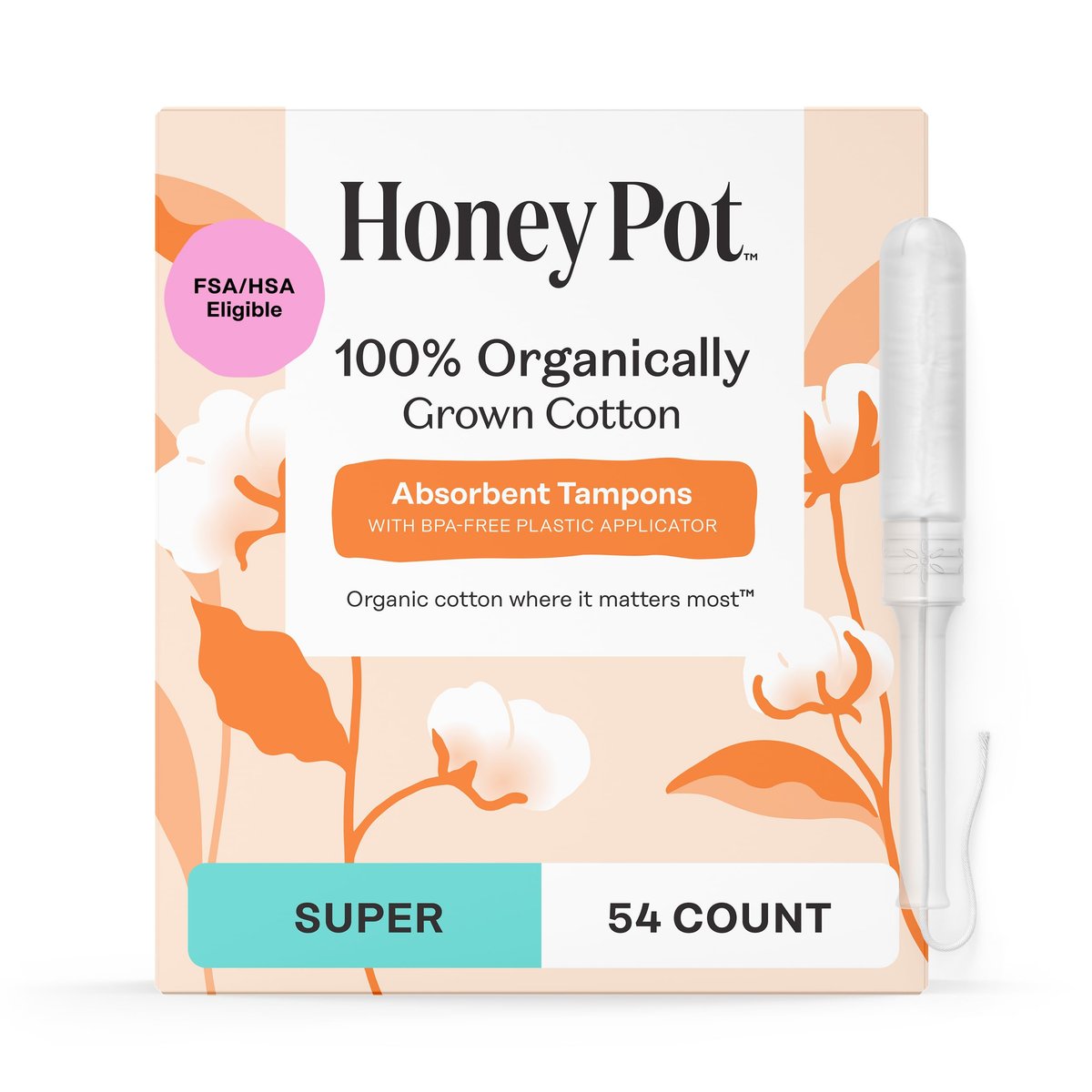 The Honey Pot Company – Tampons mit super Saugfähigkeit, 100 % Bio-Baumwollkern mit Bio-Kunststoff-Applikator, Damenhygiene, parfümfrei, 54 Stück (3 Packungen à 18 Stück)