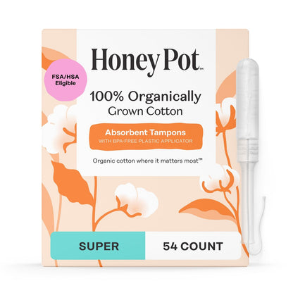The Honey Pot Company – Tampons mit super Saugfähigkeit, 100 % Bio-Baumwollkern mit Bio-Kunststoff-Applikator, Damenhygiene, parfümfrei, 54 Stück (3 Packungen à 18 Stück)