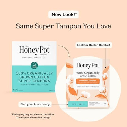 The Honey Pot Company – Tampons mit super Saugfähigkeit, 100 % Bio-Baumwollkern mit Bio-Kunststoff-Applikator, Damenhygiene, parfümfrei, 54 Stück (3 Packungen à 18 Stück)