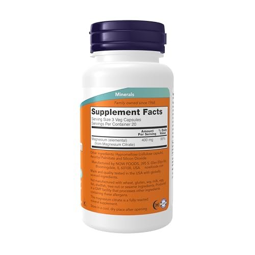 Now Supplements Magnesiumcitrat – Enzyme-Funktion & Nervensystem-Unterstützung, 60 vegane Kapseln