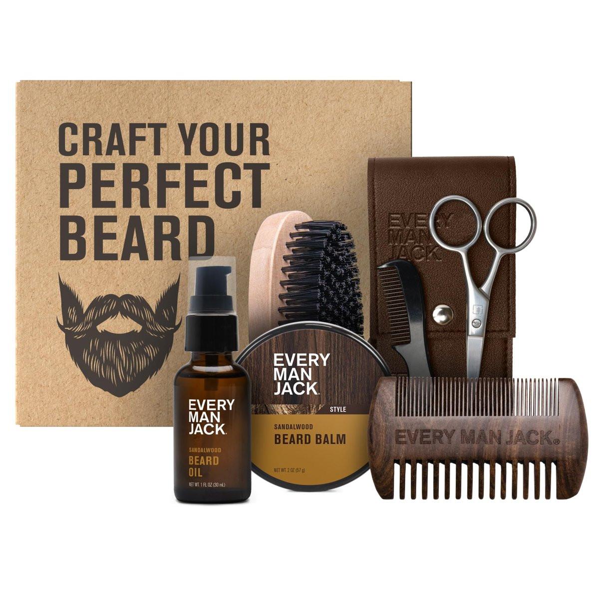Every Man Jack Bartpflegeset für Männer – Sandelholz Bartöl & Bartbalsam, Bartbürste, Holz-Doppelkamm, Trimm-Schere und Schnurrbartkamm