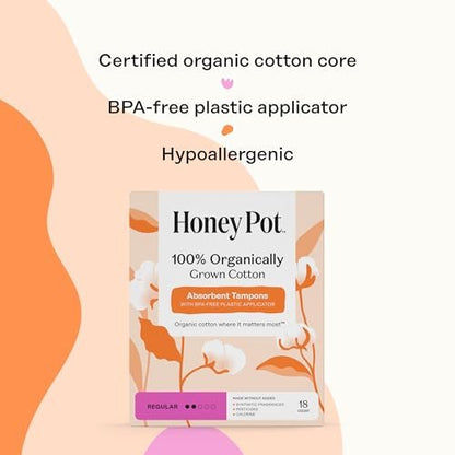 The Honey Pot Company – Tampons mit Bio-Kunststoff-Applikator, reguläre Saugstärke, 100 % Bio-Baumwollkern, unparfümiert, 54 Stück (3 x 18)