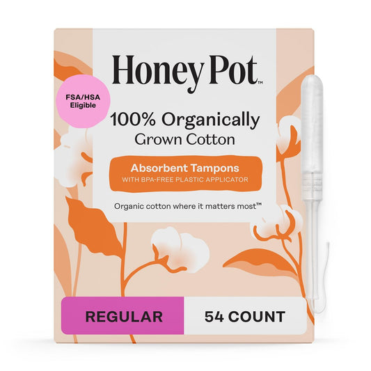 The Honey Pot Company – Tampons mit Bio-Kunststoff-Applikator, reguläre Saugstärke, 100 % Bio-Baumwollkern, unparfümiert, 54 Stück (3 x 18)