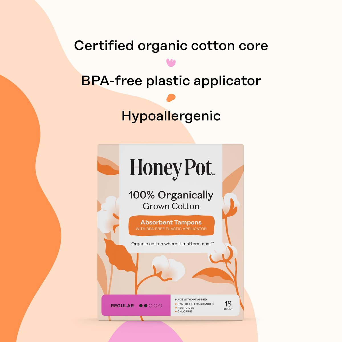 The Honey Pot Company – Tampons mit Bio-Kunststoff-Applikator, reguläre Saugstärke, 100 % Bio-Baumwollkern, unparfümiert, 54 Stück (3 x 18)