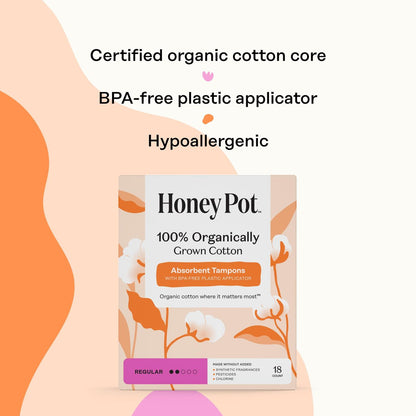 The Honey Pot Company – Tampons mit Bio-Kunststoff-Applikator, reguläre Saugstärke, 100 % Bio-Baumwollkern, unparfümiert, 54 Stück (3 x 18)