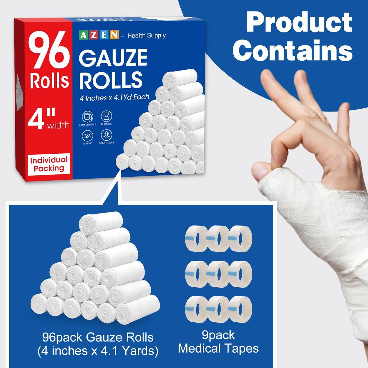 AZEN 96er Pack Mullbinden, 10 cm x 3,7 m, Premium medizinische Versorgung & Erste-Hilfe-Bedarf, Verbandswatte, Mumienwickel