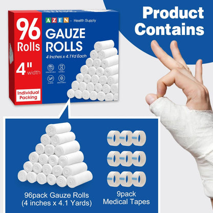 AZEN 96er Pack Mullbinden, 10 cm x 3,7 m, Premium medizinische Versorgung & Erste-Hilfe-Bedarf, Verbandswatte, Mumienwickel