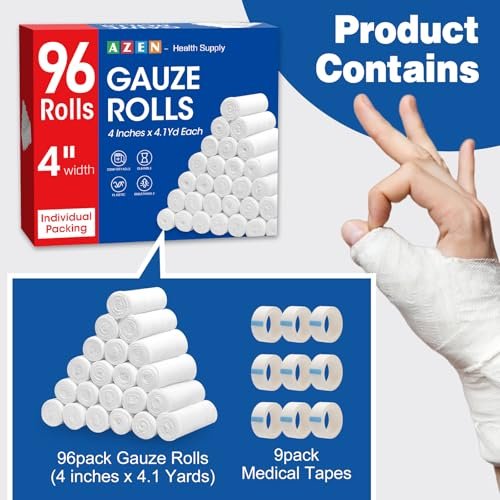 AZEN 96er Pack Mullbinden, 10 cm x 3,7 m, Premium medizinische Versorgung & Erste-Hilfe-Bedarf, Verbandswatte, Mumienwickel