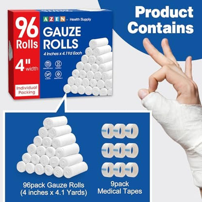 AZEN 96er Pack Mullbinden, 10 cm x 3,7 m, Premium medizinische Versorgung & Erste-Hilfe-Bedarf, Verbandswatte, Mumienwickel