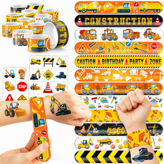 72-teiliges Baustellen-Party-Set: 48 temporäre Tattoos & 24 Slap-Armbänder für Kindergeburtstag, Baby-Party, Klassenzimmer-Belohnungen