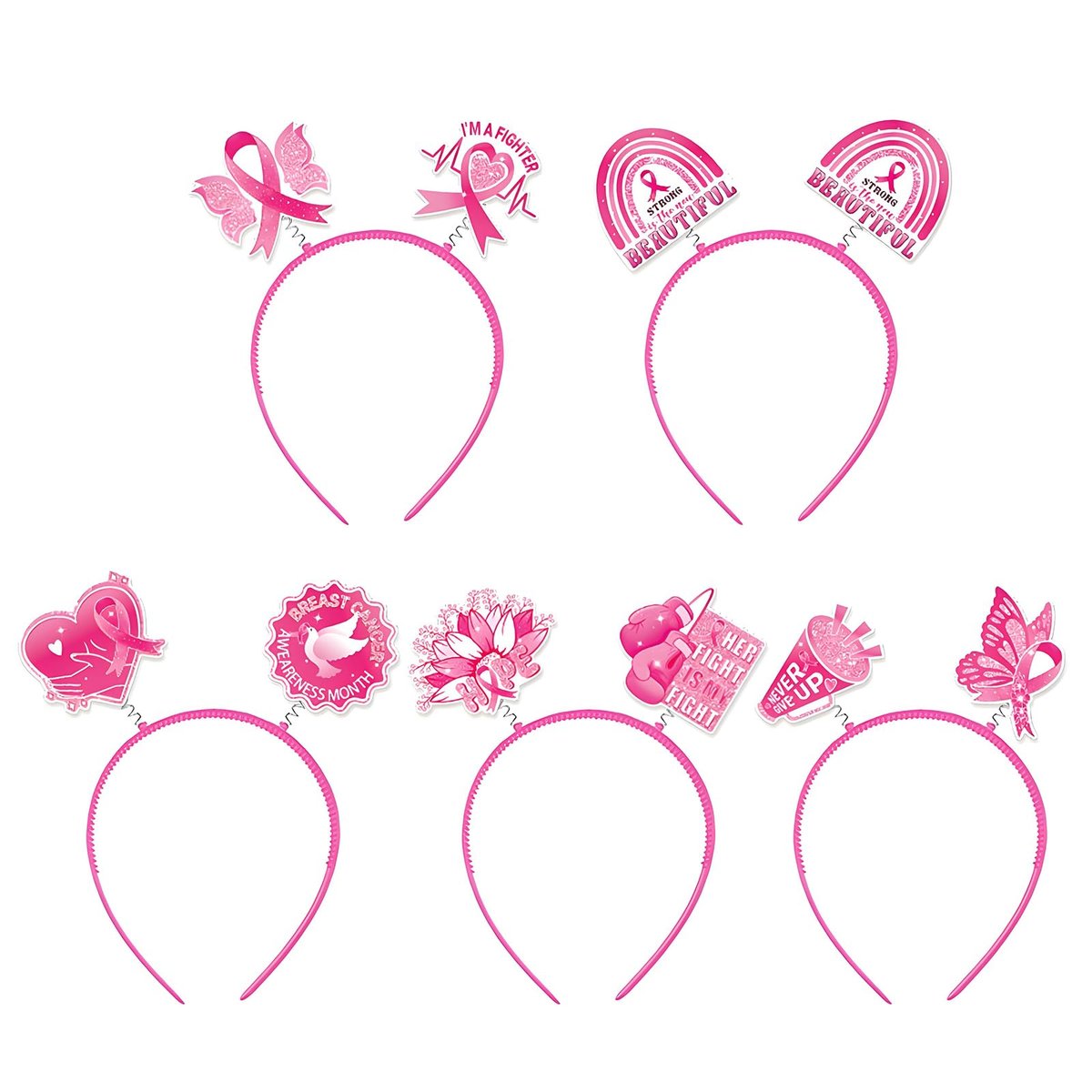Brustkrebs-Stirnbänder – 5er-Pack Pink Ribbon Haarbänder für Frauen, Brustkrebs-Bewusstseins-Kopfband, Hoffnung Herz Liebesband, Partyzubehör