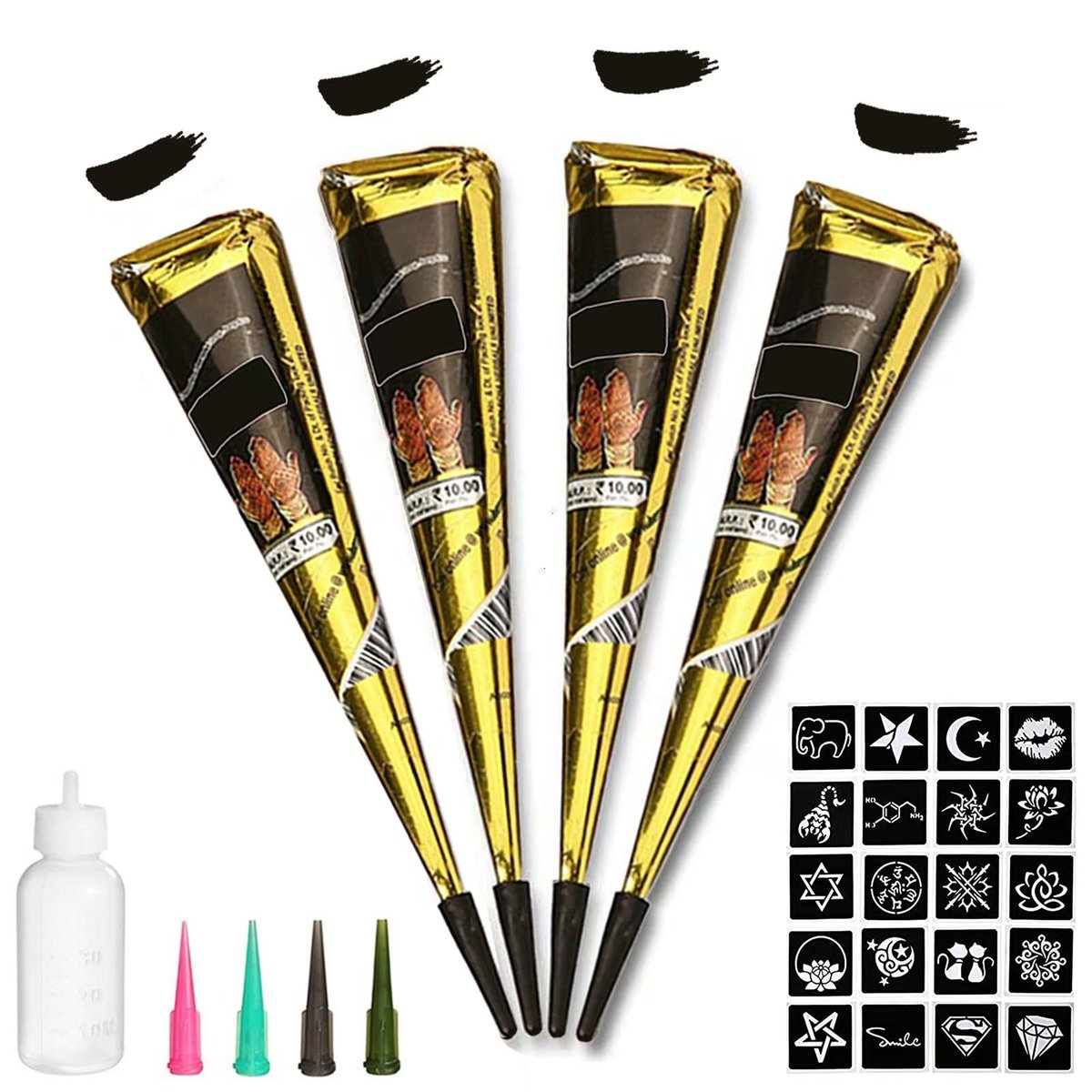 Temporäre Tattoos Set, 4 Stück Schwarze Tattoo-Paste-Kegel, 100% Natürliche Fertige Schwarze Tattoo-Paste, Indien Körper DIY Kunst Malerei für Frauen Männer Teenager mit 20 Klebe-Schablonen, 1 Flasche, 4 Düsen