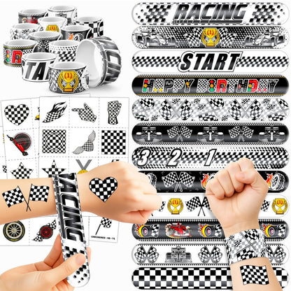 72-teiliges Rennwagen-Party-Set – 48 temporäre Tattoos & 24 Slap-Armbänder – Rennsport-Geburtstagszubehör, Geschenke zur Babyparty, Klassenzimmer-Belohnungen & Partydekoration