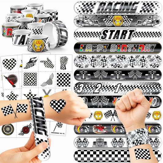 72-teiliges Rennwagen-Party-Set – 48 temporäre Tattoos & 24 Slap-Armbänder – Rennsport-Geburtstagszubehör, Geschenke zur Babyparty, Klassenzimmer-Belohnungen & Partydekoration