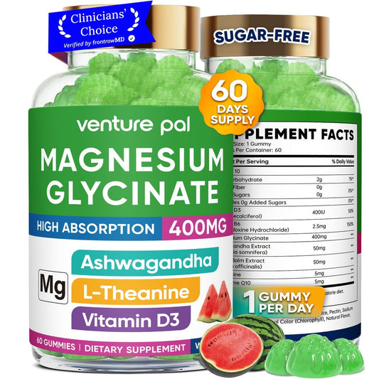 60-Tage-Vorrat Magnesiumglycinat 400mg Gummis mit Ashwagandha, L-Theanin, CoQ10, Vitamin D3 & B6, Zuckerfreie Magnesium-Gummis für Erwachsene & Kinder, Stressabbau, Schlaf & Ruhe, Vegan, Glutenfrei