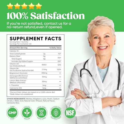 60-Tage-Vorrat Magnesiumglycinat 400mg Gummis mit Ashwagandha, L-Theanin, CoQ10, Vitamin D3 & B6, Zuckerfreie Magnesium-Gummis für Erwachsene & Kinder, Stressabbau, Schlaf & Ruhe, Vegan, Glutenfrei
