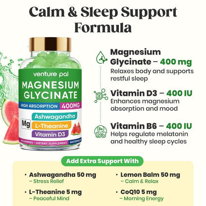60-Tage-Vorrat Magnesiumglycinat 400mg Gummis mit Ashwagandha, L-Theanin, CoQ10, Vitamin D3 & B6, Zuckerfreie Magnesium-Gummis für Erwachsene & Kinder, Stressabbau, Schlaf & Ruhe, Vegan, Glutenfrei