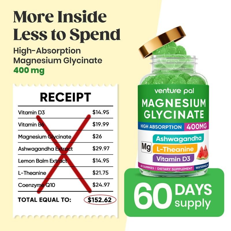 60-Tage-Vorrat Magnesiumglycinat 400mg Gummis mit Ashwagandha, L-Theanin, CoQ10, Vitamin D3 & B6, Zuckerfreie Magnesium-Gummis für Erwachsene & Kinder, Stressabbau, Schlaf & Ruhe, Vegan, Glutenfrei