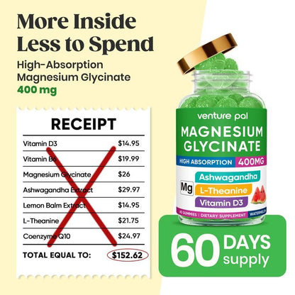 60-Tage-Vorrat Magnesiumglycinat 400mg Gummis mit Ashwagandha, L-Theanin, CoQ10, Vitamin D3 & B6, Zuckerfreie Magnesium-Gummis für Erwachsene & Kinder, Stressabbau, Schlaf & Ruhe, Vegan, Glutenfrei