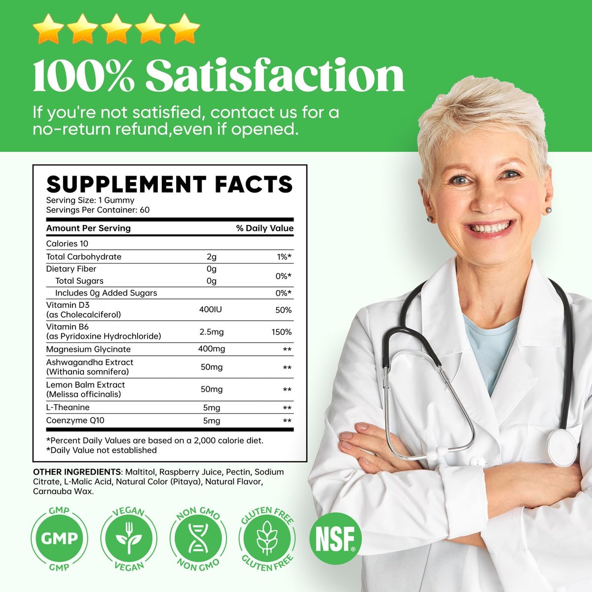 60-Tage-Vorrat Magnesiumglycinat 400mg Gummis mit Ashwagandha, L-Theanin, CoQ10, Vitamin D3 & B6, Zuckerfreie Magnesium-Gummis für Erwachsene & Kinder, Stressabbau, Schlaf & Ruhe, Vegan, Glutenfrei
