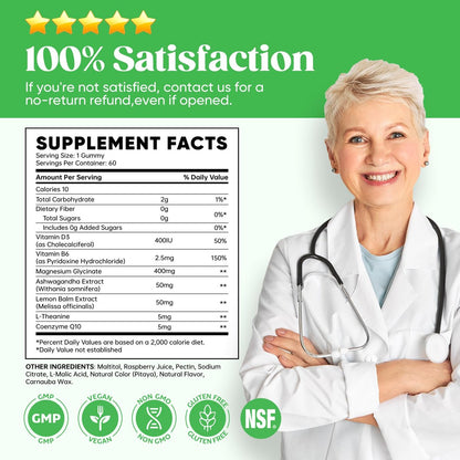 60-Tage-Vorrat Magnesiumglycinat 400mg Gummis mit Ashwagandha, L-Theanin, CoQ10, Vitamin D3 & B6, Zuckerfreie Magnesium-Gummis für Erwachsene & Kinder, Stressabbau, Schlaf & Ruhe, Vegan, Glutenfrei