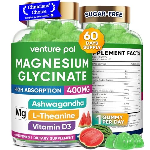 60-Tage-Vorrat Magnesiumglycinat 400mg Gummis mit Ashwagandha, L-Theanin, CoQ10, Vitamin D3 & B6, Zuckerfreie Magnesium-Gummis für Erwachsene & Kinder, Stressabbau, Schlaf & Ruhe, Vegan, Glutenfrei
