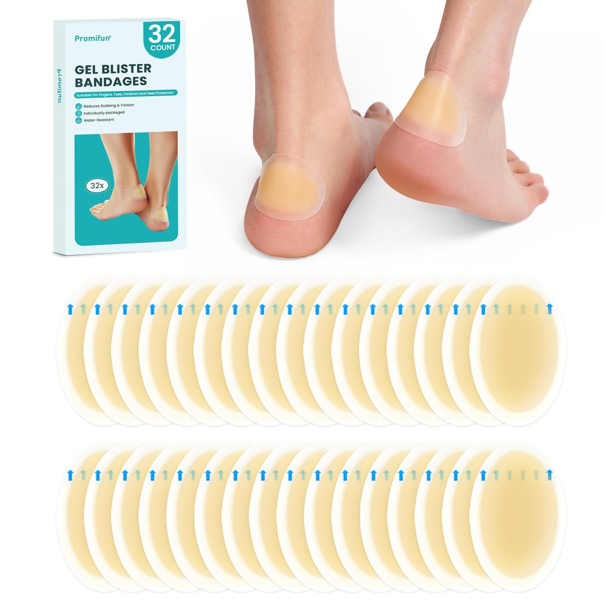 Promifun Wasserfeste Hydrokolloid-Gel-Blisterpflaster – Polster für Ferse, Fuß, Zeh & Füße – Gel-Blisterkissen zur Vorbeugung & Heilung (32 Stück, Fersenpackung)