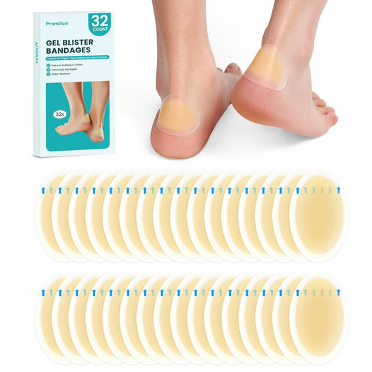 Promifun Wasserfeste Hydrokolloid-Gel-Blisterpflaster – Polster für Ferse, Fuß, Zeh & Füße – Gel-Blisterkissen zur Vorbeugung & Heilung (32 Stück, Fersenpackung)
