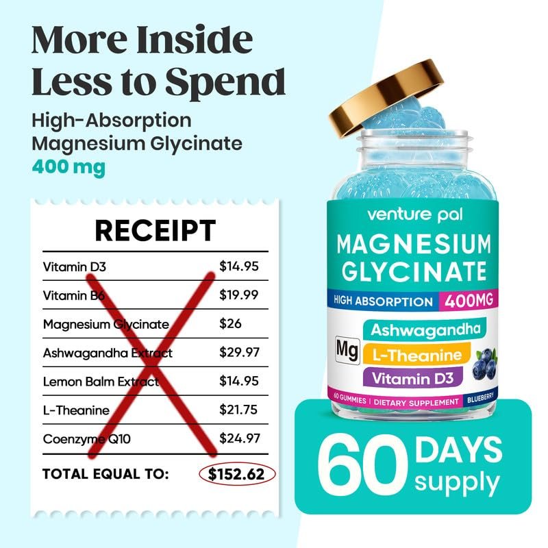 60-Tage Vorrat Magnesiumglycinat 400mg Gummis mit Ashwagandha, L-Theanin, CoQ10, Vitamin D3 & B6 – Zuckerfreie Magnesium Gummis für Erwachsene & Kinder – Stressabbau, Schlaf & Ruhe – Vegan, Glutenfrei