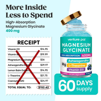 60-Tage Vorrat Magnesiumglycinat 400mg Gummis mit Ashwagandha, L-Theanin, CoQ10, Vitamin D3 & B6 – Zuckerfreie Magnesium Gummis für Erwachsene & Kinder – Stressabbau, Schlaf & Ruhe – Vegan, Glutenfrei