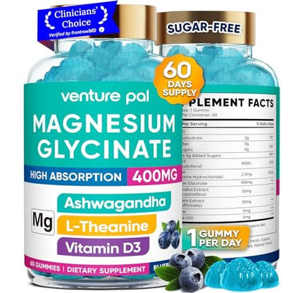 60-Tage Vorrat Magnesiumglycinat 400mg Gummis mit Ashwagandha, L-Theanin, CoQ10, Vitamin D3 & B6 – Zuckerfreie Magnesium Gummis für Erwachsene & Kinder – Stressabbau, Schlaf & Ruhe – Vegan, Glutenfrei