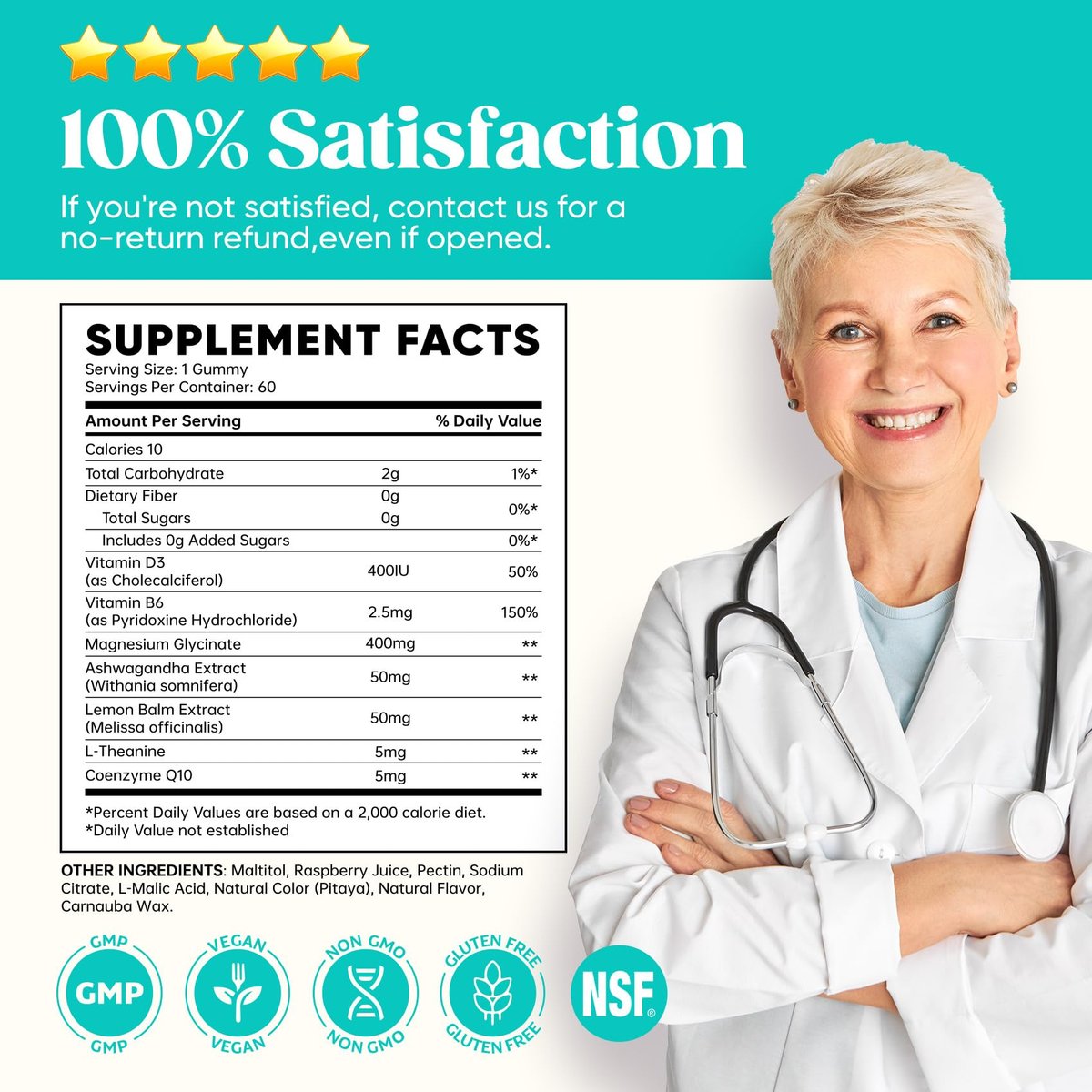 60-Tage Vorrat Magnesiumglycinat 400mg Gummis mit Ashwagandha, L-Theanin, CoQ10, Vitamin D3 & B6 – Zuckerfreie Magnesium Gummis für Erwachsene & Kinder – Stressabbau, Schlaf & Ruhe – Vegan, Glutenfrei