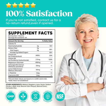 60-Tage Vorrat Magnesiumglycinat 400mg Gummis mit Ashwagandha, L-Theanin, CoQ10, Vitamin D3 & B6 – Zuckerfreie Magnesium Gummis für Erwachsene & Kinder – Stressabbau, Schlaf & Ruhe – Vegan, Glutenfrei