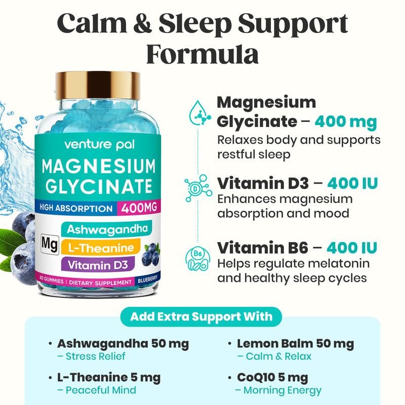 60-Tage Vorrat Magnesiumglycinat 400mg Gummis mit Ashwagandha, L-Theanin, CoQ10, Vitamin D3 & B6 – Zuckerfreie Magnesium Gummis für Erwachsene & Kinder – Stressabbau, Schlaf & Ruhe – Vegan, Glutenfrei