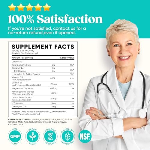 60-Tage Vorrat Magnesiumglycinat 400mg Gummis mit Ashwagandha, L-Theanin, CoQ10, Vitamin D3 & B6 – Zuckerfreie Magnesium Gummis für Erwachsene & Kinder – Stressabbau, Schlaf & Ruhe – Vegan, Glutenfrei