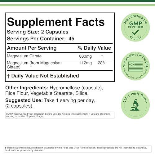 Magnesiumcitrat 800mg, 90 Kapseln – Unterstützung für Verdauung & Verstopfung, Vegan, Nicht-GVO, Double Wood Supplements
