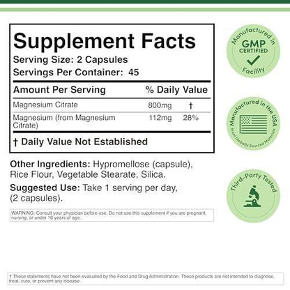 Magnesiumcitrat 800mg, 90 Kapseln – Unterstützung für Verdauung & Verstopfung, Vegan, Nicht-GVO, Double Wood Supplements