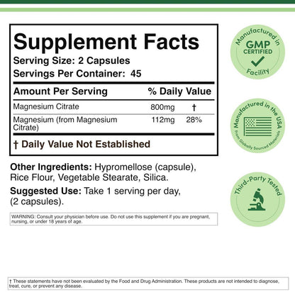 Magnesiumcitrat 800mg, 90 Kapseln – Unterstützung für Verdauung & Verstopfung, Vegan, Nicht-GVO, Double Wood Supplements
