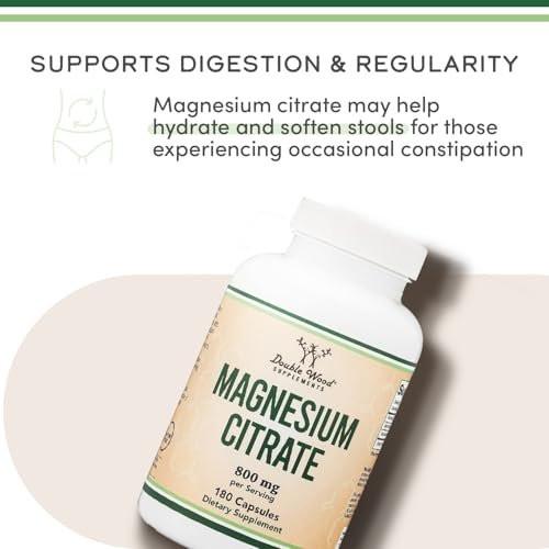 Magnesiumcitrat 800mg, 90 Kapseln – Unterstützung für Verdauung & Verstopfung, Vegan, Nicht-GVO, Double Wood Supplements