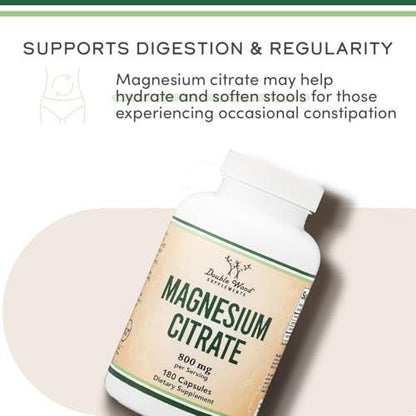 Magnesiumcitrat 800mg, 90 Kapseln – Unterstützung für Verdauung & Verstopfung, Vegan, Nicht-GVO, Double Wood Supplements