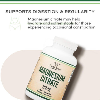 Magnesiumcitrat 800mg, 90 Kapseln – Unterstützung für Verdauung & Verstopfung, Vegan, Nicht-GVO, Double Wood Supplements