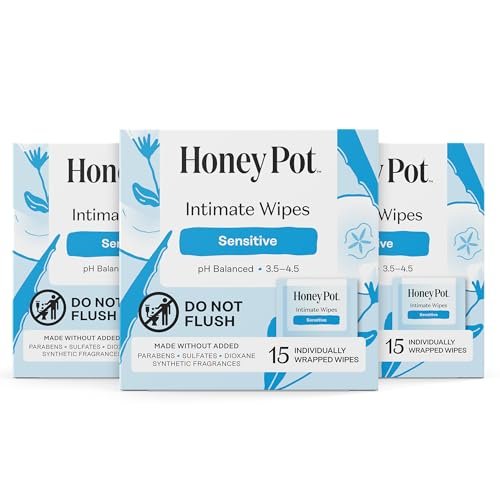 The Honey Pot Company - Feminine Wipes - Individuell verpackt - Tägliche pH-Balance, duftstoff- und sulfatfreie Tücher für Intimbereich, Körper oder Gesicht - Hygiene-Produkte - Sensitiv - 15 Stück (3er-Pack)