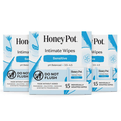 The Honey Pot Company - Feminine Wipes - Individuell verpackt - Tägliche pH-Balance, duftstoff- und sulfatfreie Tücher für Intimbereich, Körper oder Gesicht - Hygiene-Produkte - Sensitiv - 15 Stück (3er-Pack)