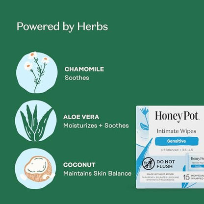 The Honey Pot Company - Feminine Wipes - Individuell verpackt - Tägliche pH-Balance, duftstoff- und sulfatfreie Tücher für Intimbereich, Körper oder Gesicht - Hygiene-Produkte - Sensitiv - 15 Stück (3er-Pack)