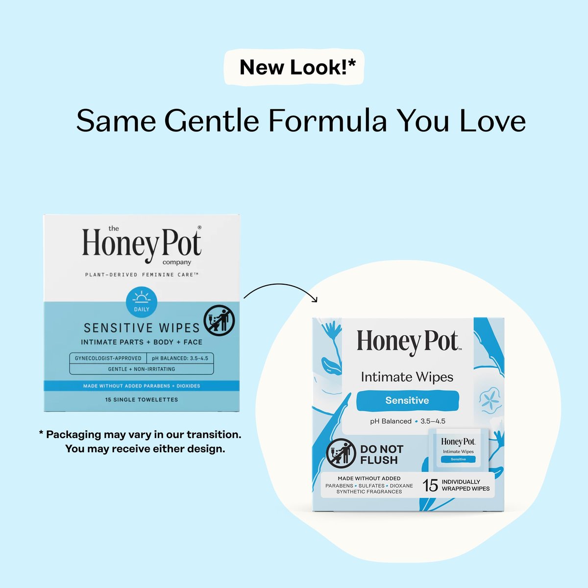 The Honey Pot Company - Feminine Wipes - Individuell verpackt - Tägliche pH-Balance, duftstoff- und sulfatfreie Tücher für Intimbereich, Körper oder Gesicht - Hygiene-Produkte - Sensitiv - 15 Stück (3er-Pack)