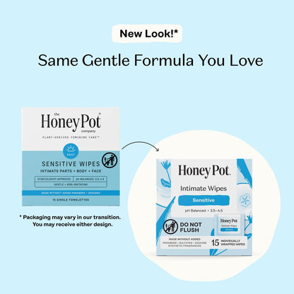 The Honey Pot Company - Feminine Wipes - Individuell verpackt - Tägliche pH-Balance, duftstoff- und sulfatfreie Tücher für Intimbereich, Körper oder Gesicht - Hygiene-Produkte - Sensitiv - 15 Stück (3er-Pack)