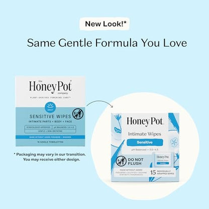 The Honey Pot Company - Feminine Wipes - Individuell verpackt - Tägliche pH-Balance, duftstoff- und sulfatfreie Tücher für Intimbereich, Körper oder Gesicht - Hygiene-Produkte - Sensitiv - 15 Stück (3er-Pack)